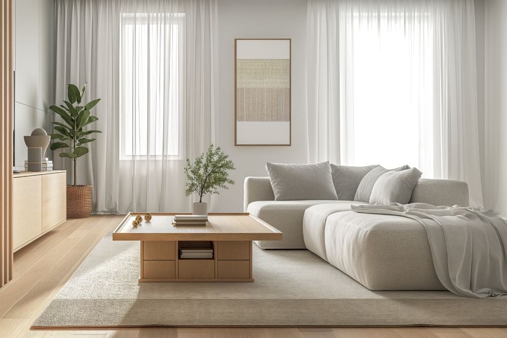minimalist mobilya, ayna ve beyaz tonlarıyla dekore edilmiş ferah salon