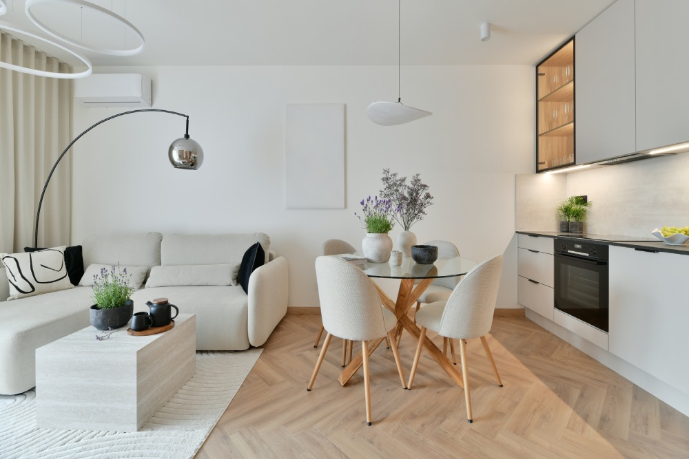 1+1 Ev dekorasyonu, açık renkli mobilyalar ile salon, yemek masası ve Amerikan mutfak
