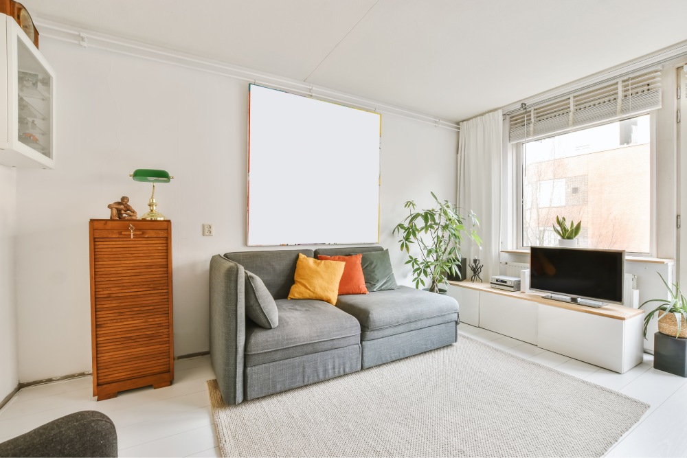 1+1 Ev dekorasyon önerileri Gri, rahat bir kanepe ve büyük bir tabloya sahip keyifli bir oturma odası.