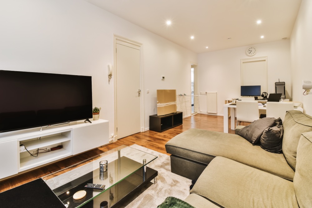 1+1 Ev dekorasyon önerileri. Kanepe, TV ve sehpanın bulunduğu oturma odasının fotoğrafı.