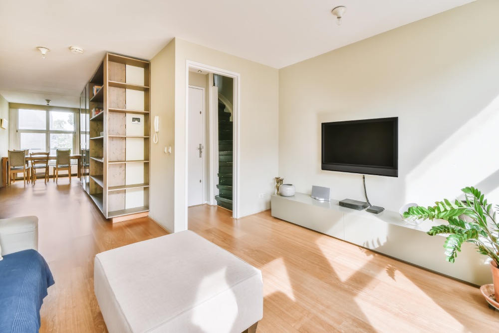 1 + 1 Ev dekorasyon fikirleri. Ahşap tonlarda aydınlık oturma odası.