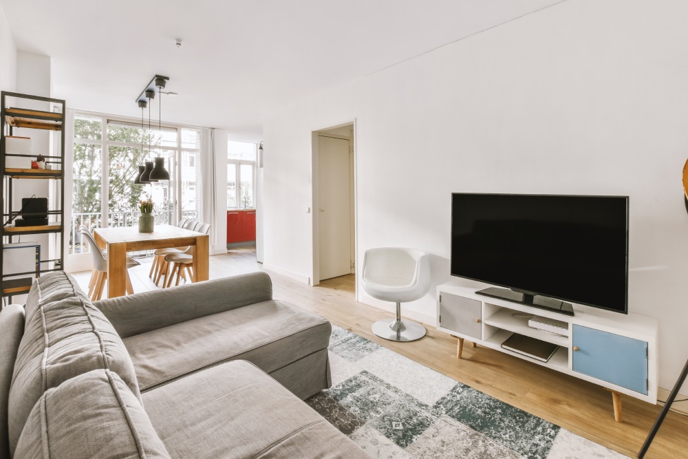 1+1 Ev dekorasyonu, TV’nin karşısında bir TV ünitesi üzerinde köşe gri kanepe, yanında bir berjer, lamba ve yemek alanı bulunuyor.